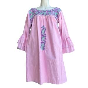 Mi Golondrina Embroidered Boho Hippie Short Dress Womens XS Pink 3/4 Sleeve